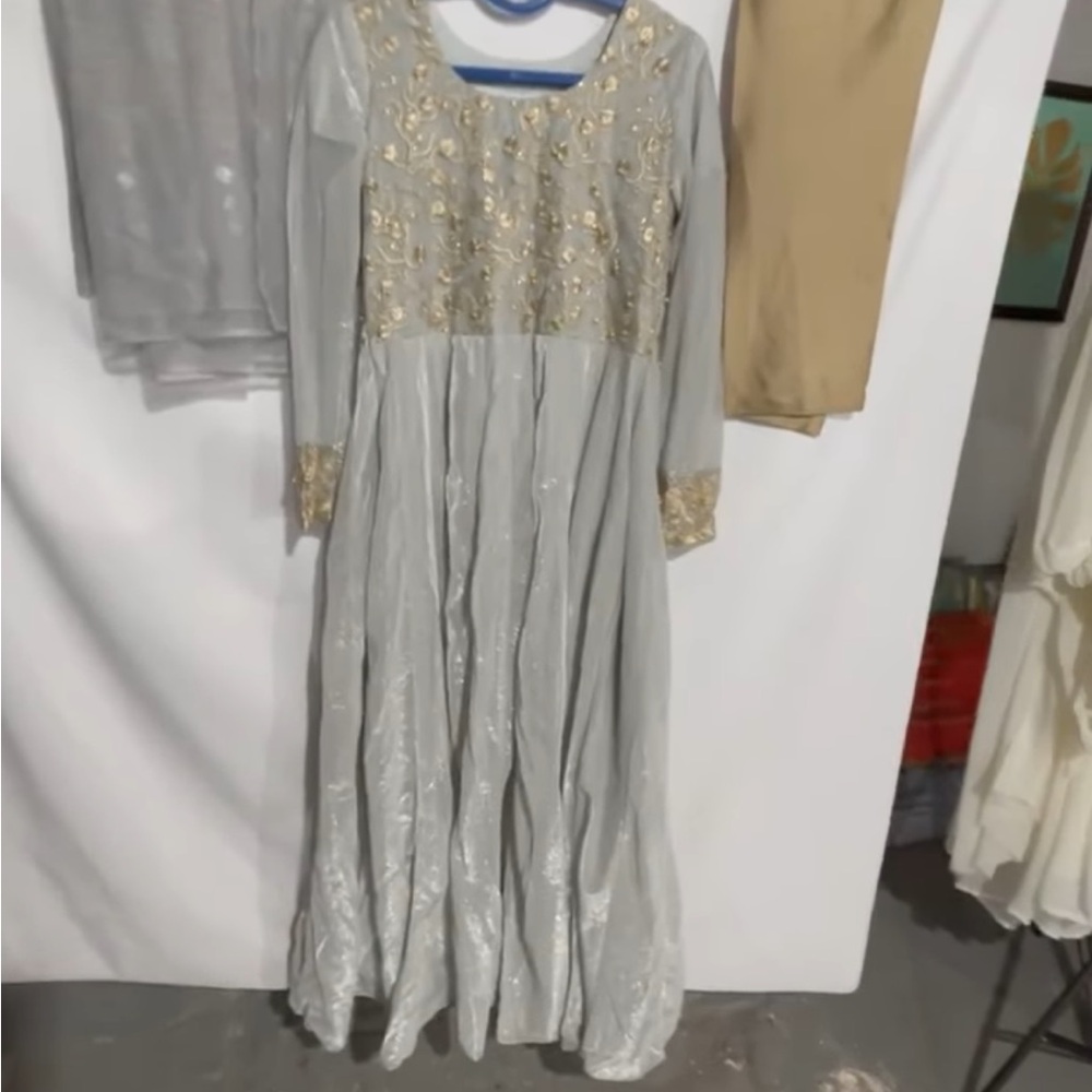Silver Pleated Tiered Gown with Bishop Sleeves